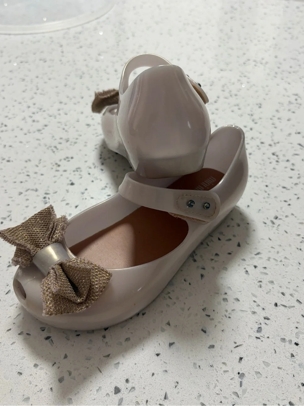 Mini Melissa Cream Mary Jane Shoes with Gold Bow Accent